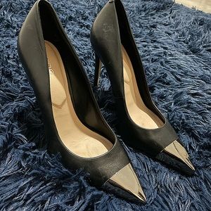 Aldo heels. Black leather with chrome metal toe cap